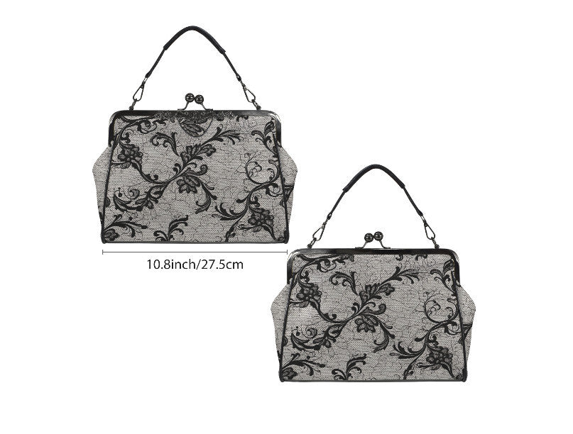 Victorian Vintage Black Lace Floral Shoulder Cross Body Hand Bag Satchel Kisslock