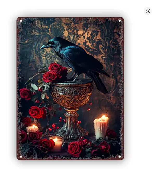 Victorian Wall Decor Gothic Roses Candles Raven Black Metal Tin Sign 8x12 Handcrafted
