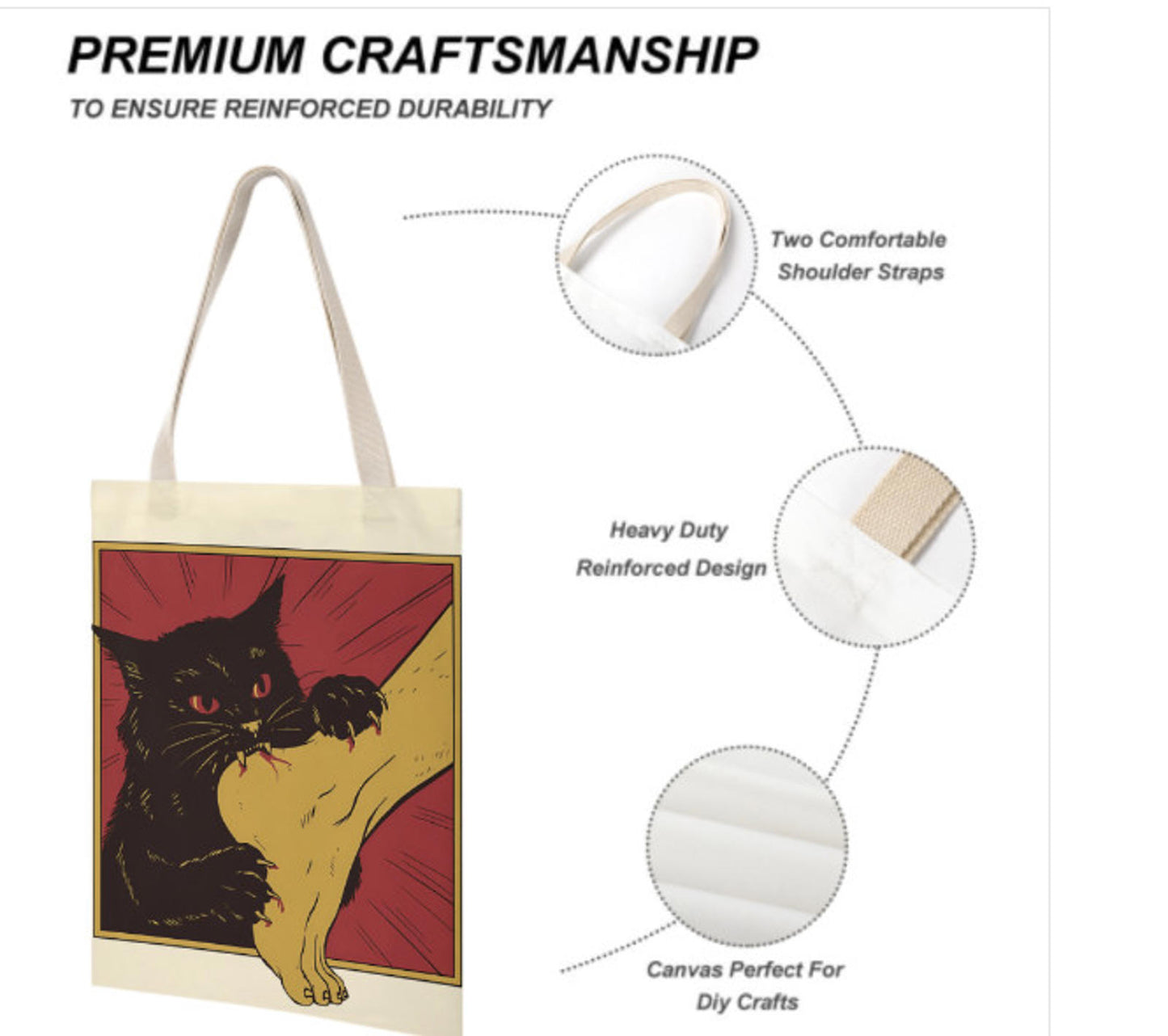 Japanese Horror Cat Art Reusable Recycled Tote Bag Print on 2 Sides 14 x 18 Terrifictrend