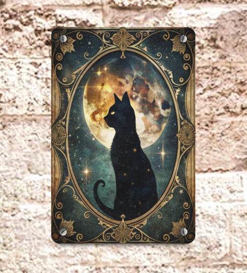 Vintage Victorian Gothic Black Cat Moon Metal Sign Halloween Wall Decor 8x12 Unbranded