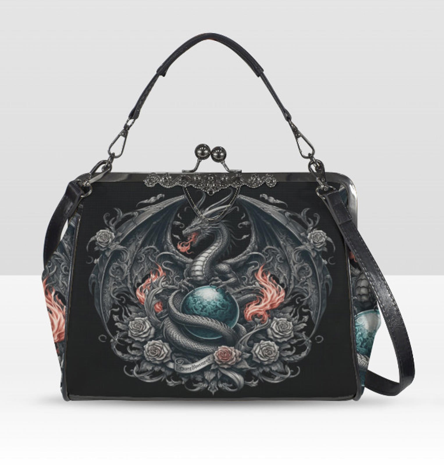 Dark Victorian Gothic Fire Dragon Roses Earth Shoulder Cross Body Bag Satchel Kisslock