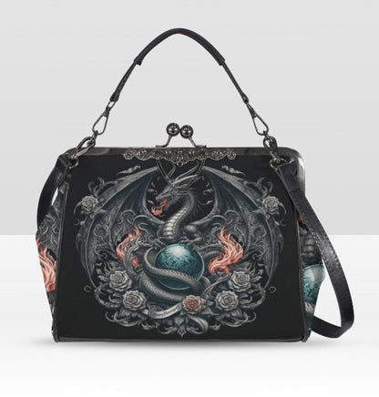 Dark Victorian Gothic Fire Dragon Roses Earth Shoulder Cross Body Bag Satchel Kisslock