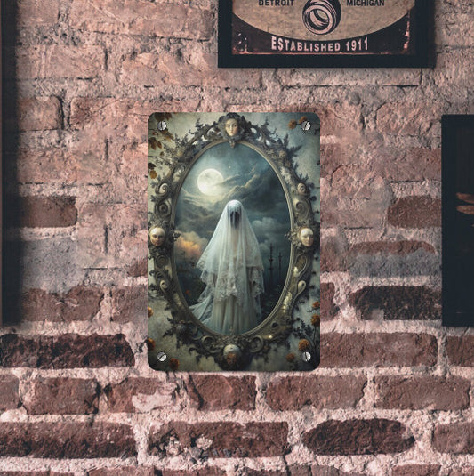 Vintage Victorian Gothic Ghost Bride Creepy Metal Sign Halloween Wall Decor 8x12 Unbranded