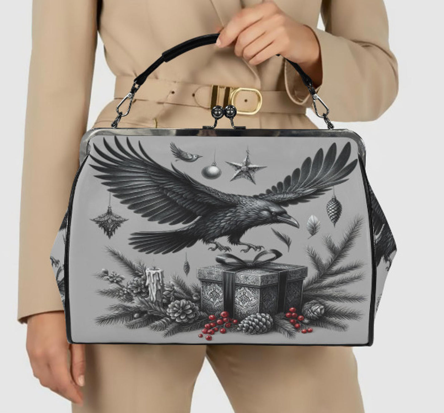Gray Gothic Christmas Crow  Hand Shoulder Cross Body Bag Satchel 9 x 13 Gift Kisslock