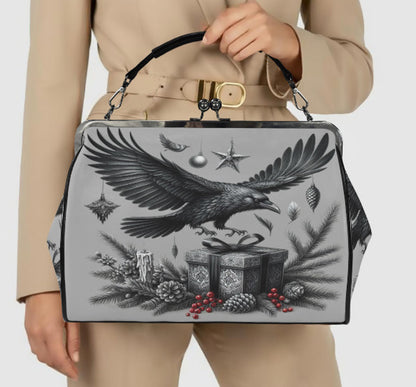 Gray Gothic Christmas Crow  Hand Shoulder Cross Body Bag Satchel 9 x 13 Gift Kisslock
