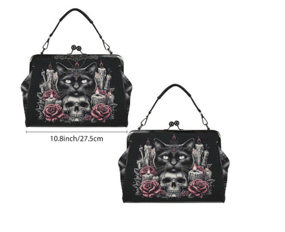 Dark Victorian Gothic Black Cat Candles Roses  Shoulder Cross Body Bag Satchel Kisslock