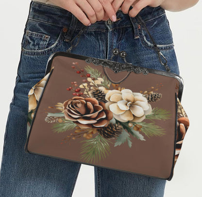 Winter Bown Beige Holiday Flowers Shoulder Cross Body Bag Satchel Christmas Gift Kisslock