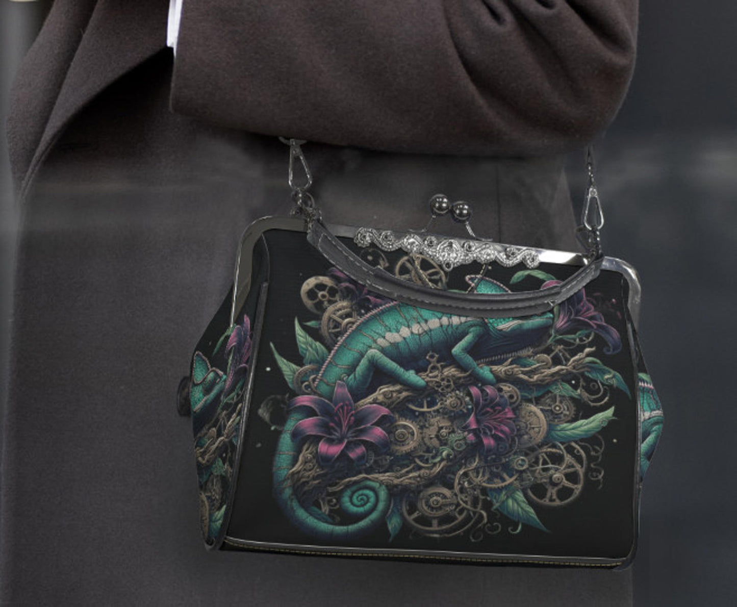 Dark Victorian Steampunk Chameleon Reptile Earth Shoulder Cross Body Bag Satchel Kisslock