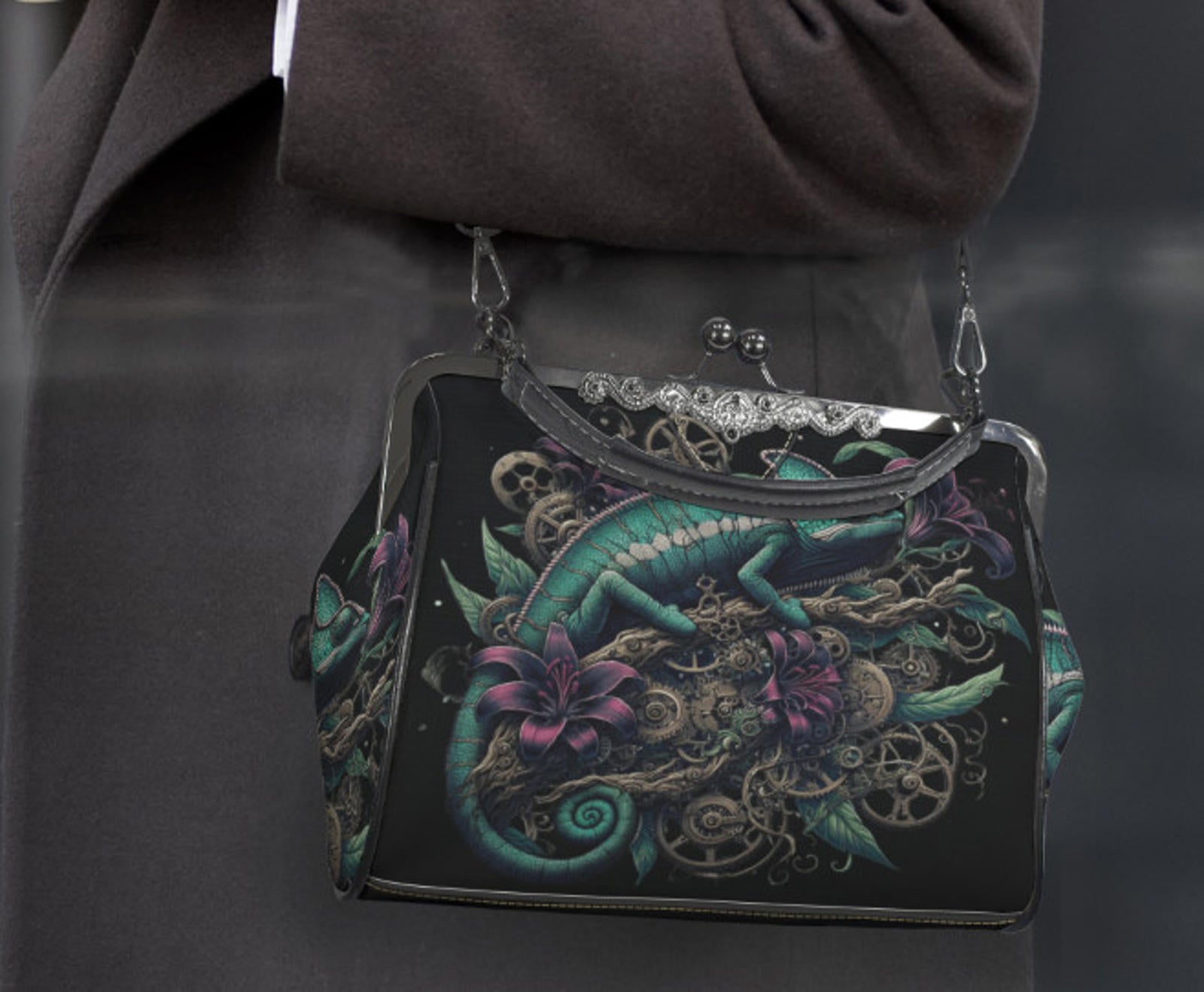 Dark Victorian Steampunk Chameleon Reptile Earth Shoulder Cross Body Bag Satchel Kisslock