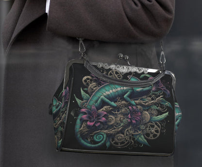 Dark Victorian Steampunk Chameleon Reptile Earth Shoulder Cross Body Bag Satchel Kisslock