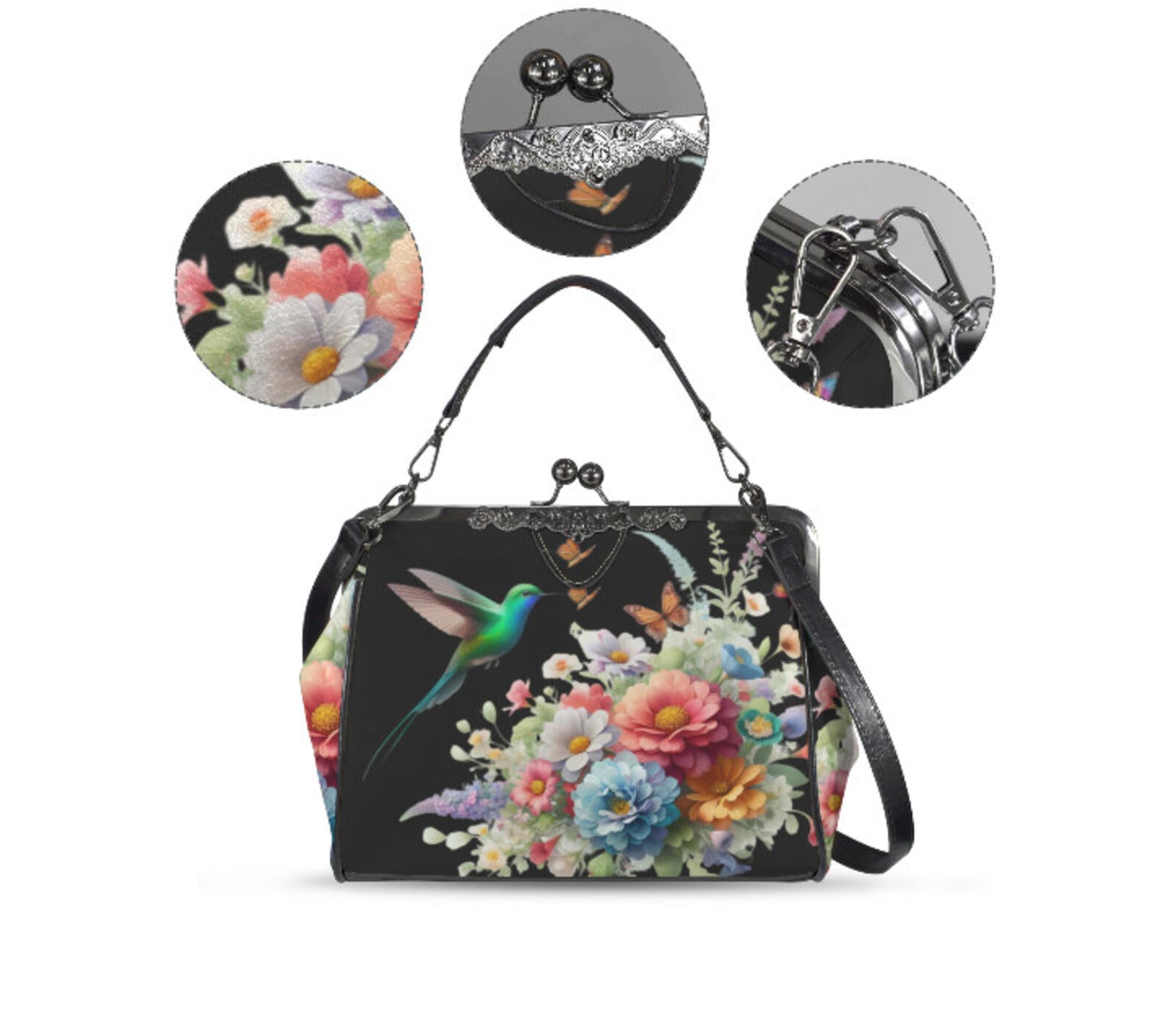 Black Floral Art Hummingbird Spring Mother's Day Shoulder Cross Body Bag Satchel Kisslock