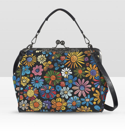 Whimsical Flower Art Spring Mother's Day Shoulder Cross Body Bag Satchel NEW Kisslock