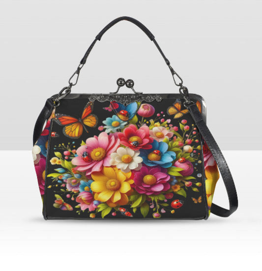 Black Multi Floral Butterfly Spring Mother's Day Shoulder Cross Body Bag Satchel Kisslock