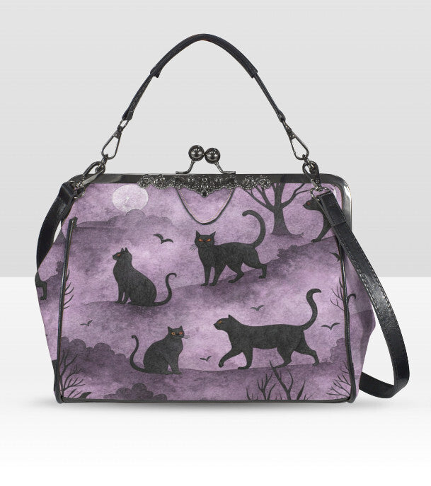 Purple Black Cat Spooky Fun Halloween Holiday SATCHEL or Cross Body Bag 10" x 8" Unbranded