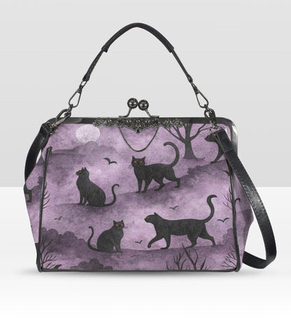 Purple Black Cat Spooky Fun Halloween Holiday SATCHEL or Cross Body Bag 10" x 8" Unbranded