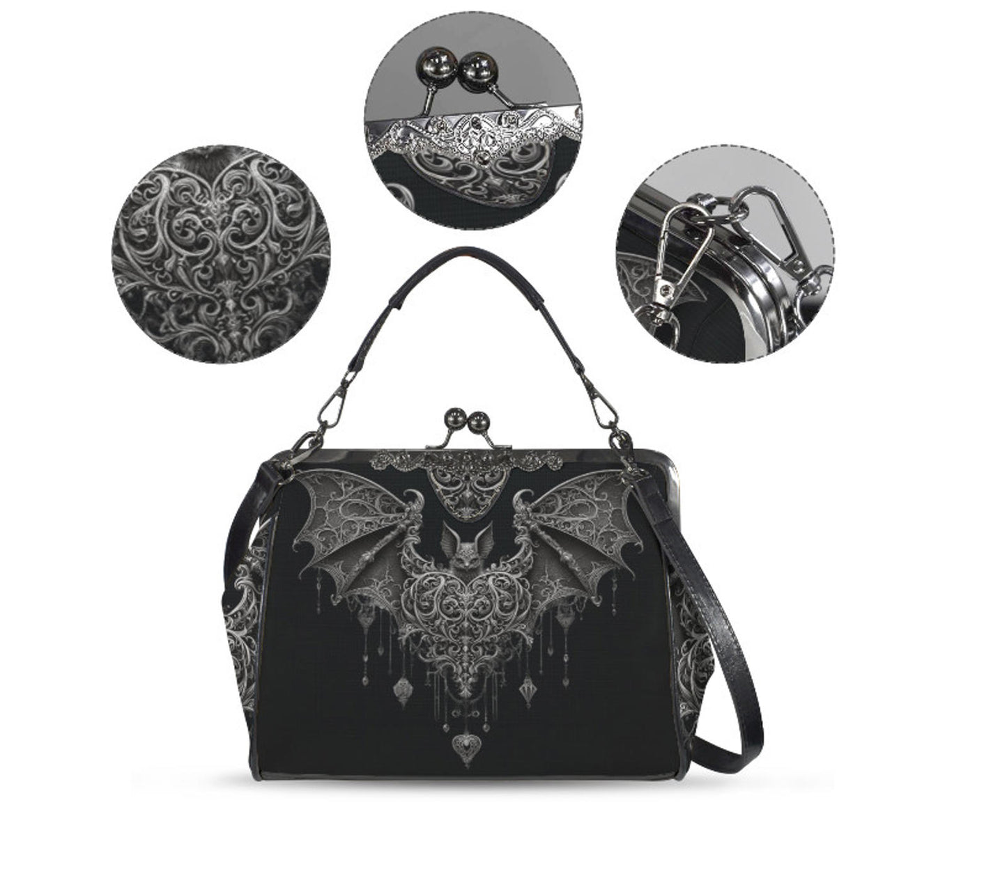 Dark Victorian Gothic Bat w/ Heart and Charms Shoulder Cross Body Bag Satchel Kisslock