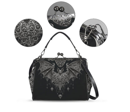Dark Victorian Gothic Bat w/ Heart and Charms Shoulder Cross Body Bag Satchel Kisslock