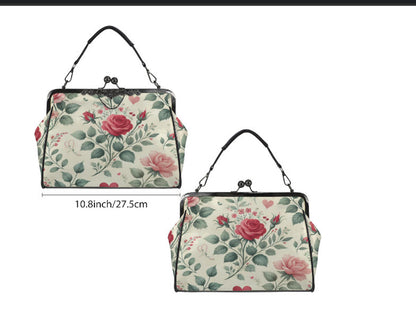 Victorian Valentine Red Pink Roses Shoulder Cross Body Hand Bag Satchel Kisslock