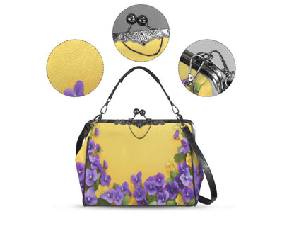 Yellow Floral Purple Flowers Spring Mother's Day Shoulder Cross Body Bag Satchel Kisslock