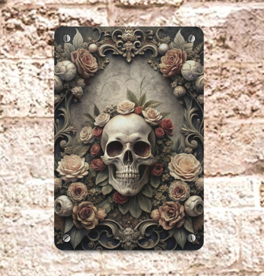 Vintage Victorian Gothic Skull Rose Spooky Metal Sign Halloween Wall Decor 8x12 Unbranded