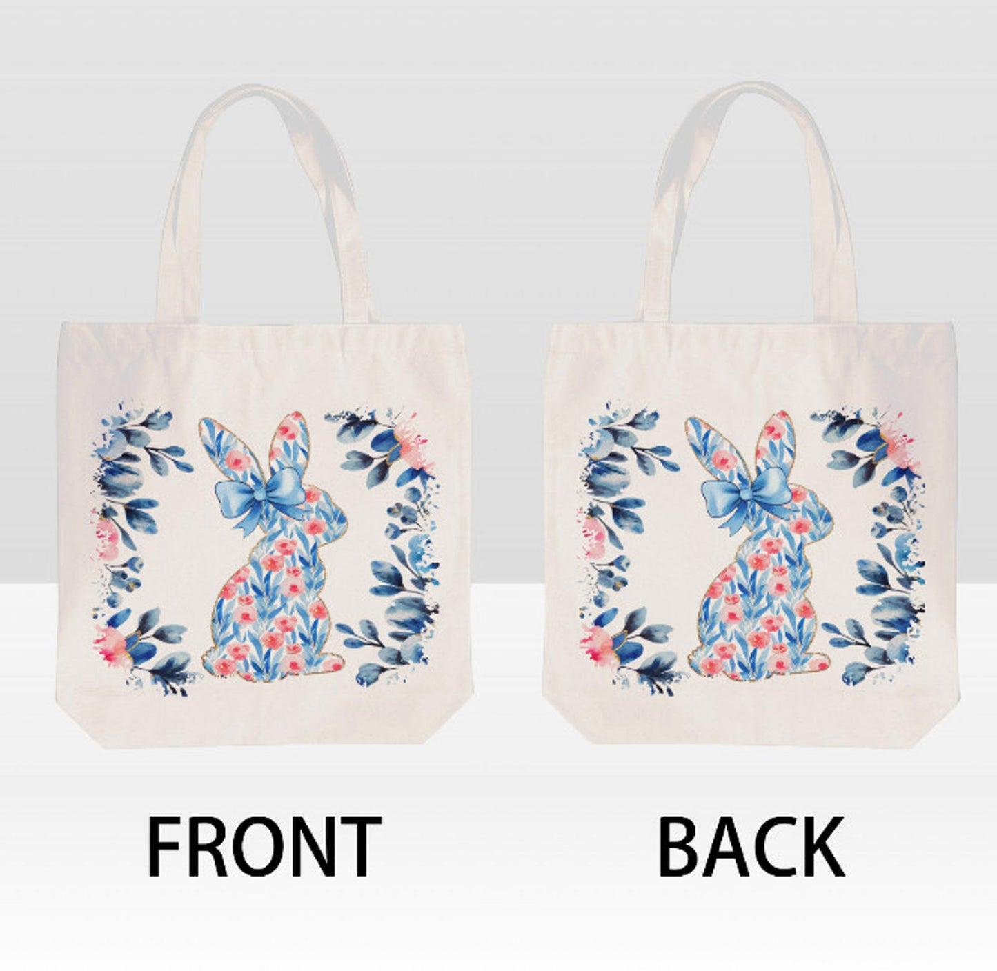 Easter Bunny Rabbit Pink Blue Spring Flowers Canvas Shoulder Tote Bag 15" X 15" TerrificTrend