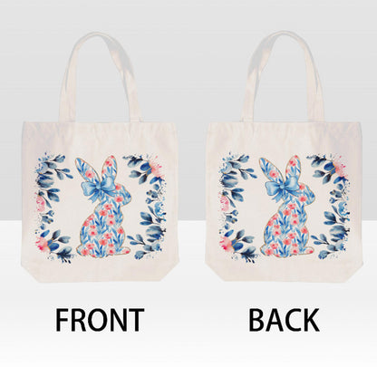 Easter Bunny Rabbit Pink Blue Spring Flowers Canvas Shoulder Tote Bag 15" X 15" TerrificTrend