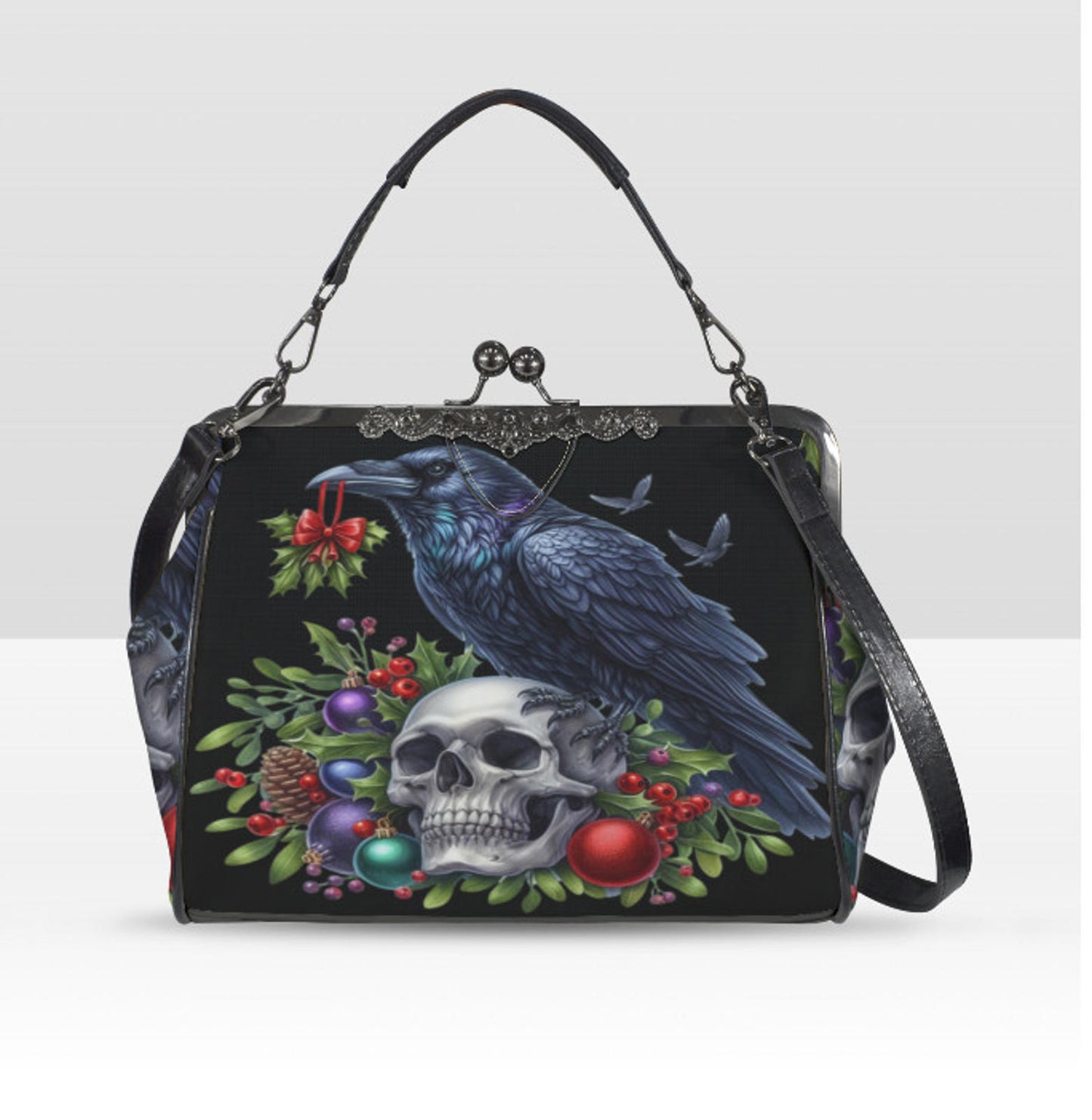 Gothic Victorian Christmas Skull Crow Holiday Shoulder Cross Body Bag Satchel Kisslock