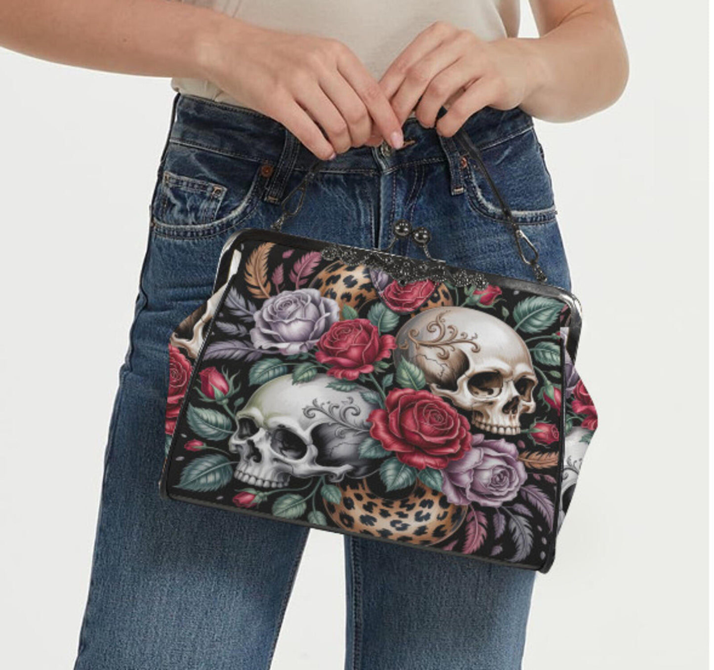Victorian Gothic Floral Skull Rose Mother's Day  Shoulder Cross Body Bag Satchel Kisslock