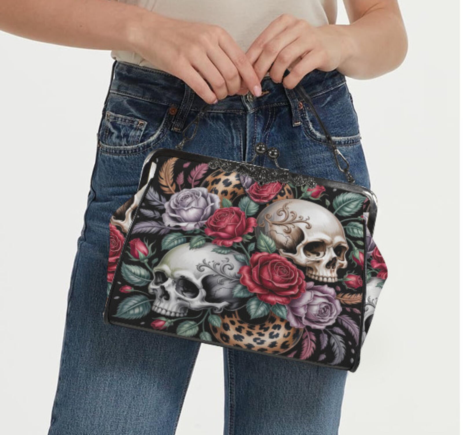 Victorian Gothic Floral Skull Rose Mother's Day  Shoulder Cross Body Bag Satchel Kisslock