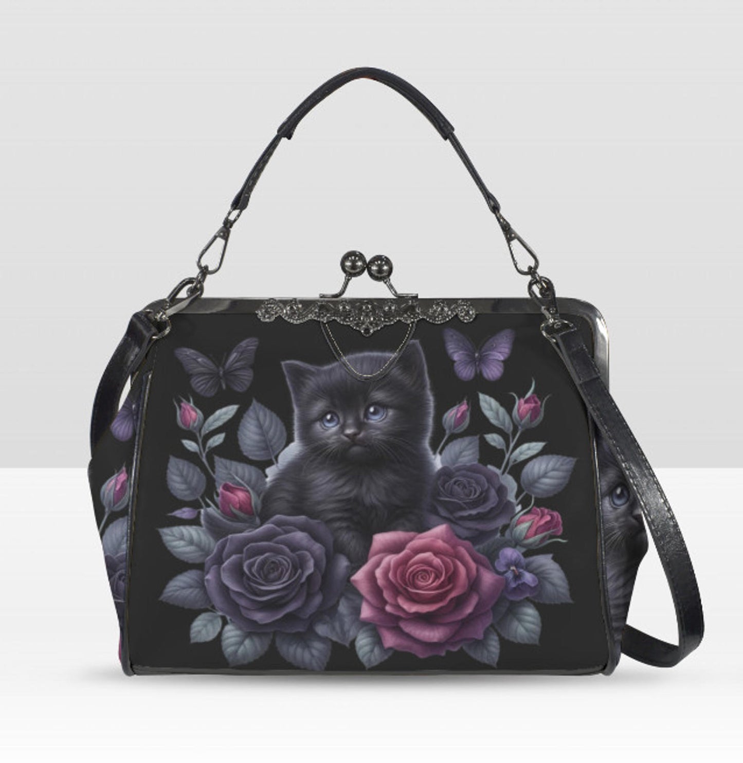 Victorian Gothic Black Kitten Rose Spring Colors Shoulder Cross Body Bag Satchel Kisslock