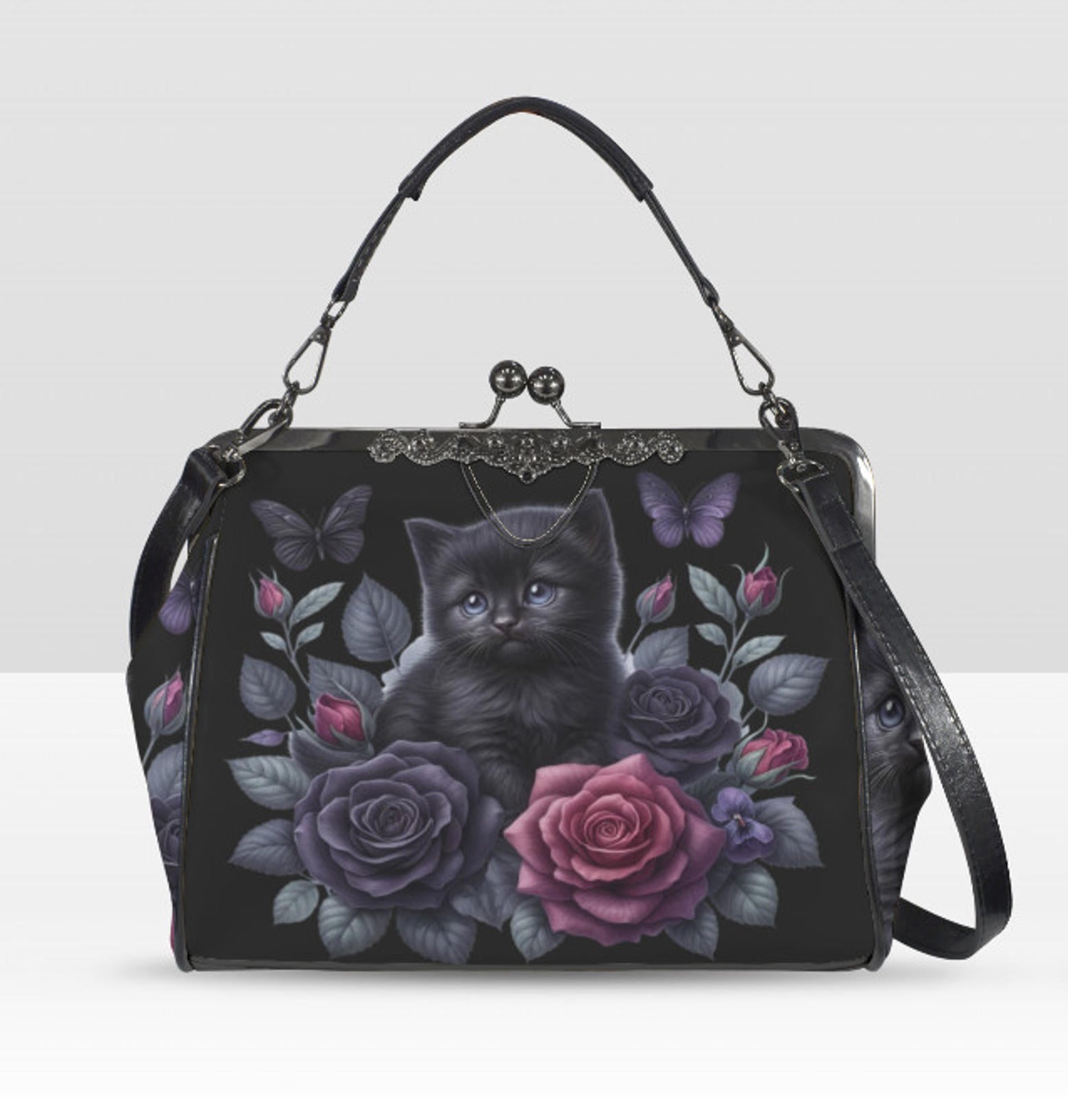 Victorian Gothic Black Kitten Rose Spring Colors Shoulder Cross Body Bag Satchel Kisslock