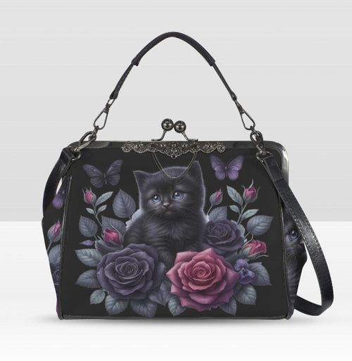 Victorian Gothic Black Kitten Rose Spring Colors Shoulder Cross Body Bag Satchel Kisslock