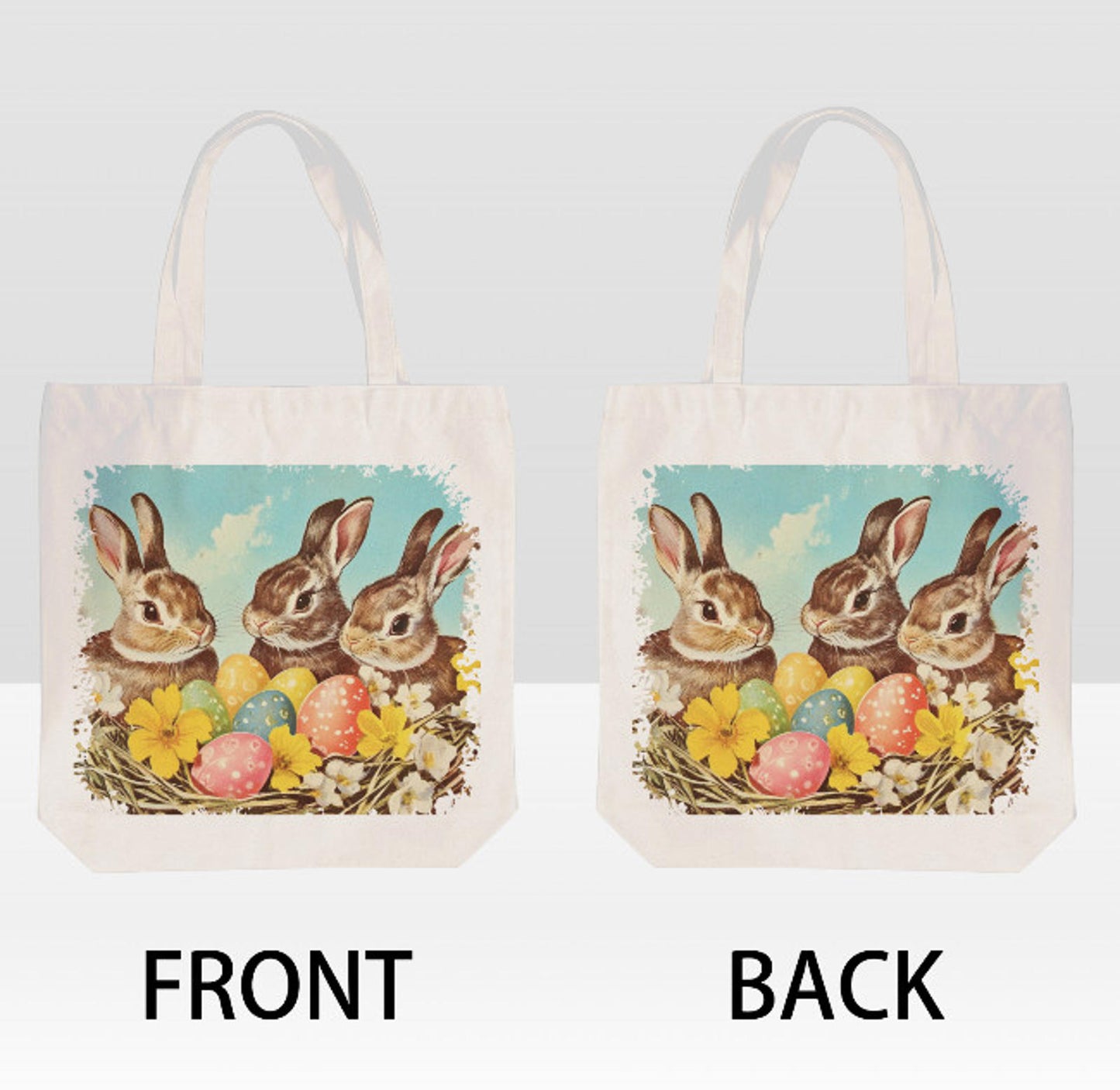 Vintage Easter Bunny Family Spring Flowers Canvas Shoulder Tote Bag 15" X 15" TerrificTrend