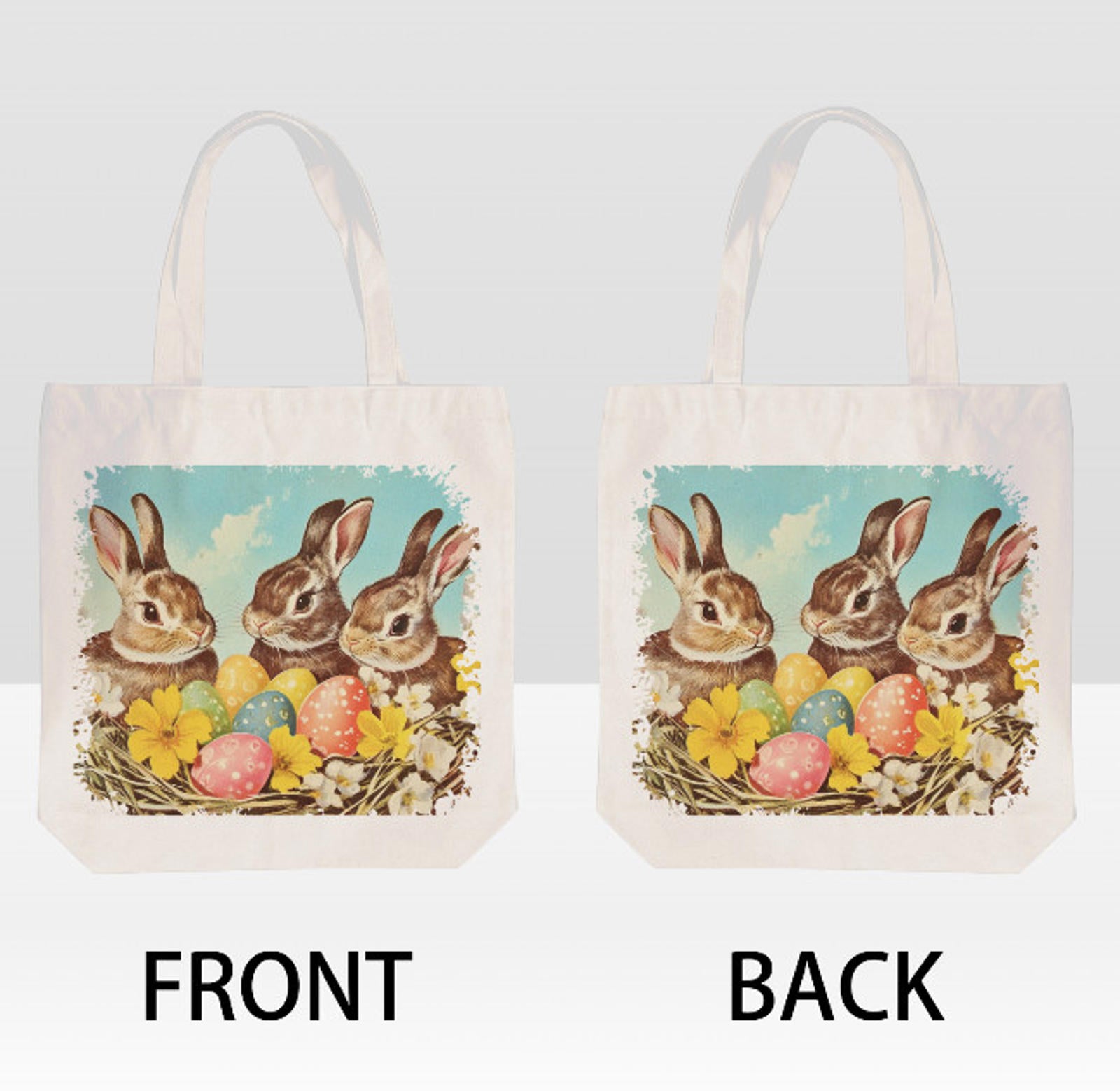 Vintage Easter Bunny Family Spring Flowers Canvas Shoulder Tote Bag 15" X 15" TerrificTrend