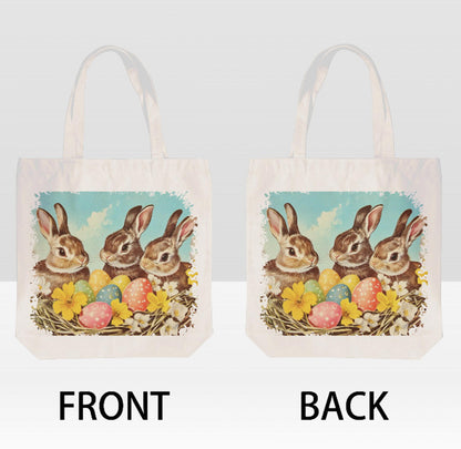 Vintage Easter Bunny Family Spring Flowers Canvas Shoulder Tote Bag 15" X 15" TerrificTrend