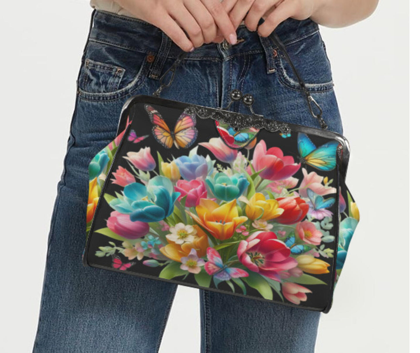 Black Multi Floral Butterfly Spring Mother's Day Shoulder Cross Body Bag Satchel Kisslock