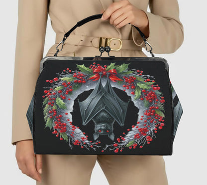 Gothic Christmas Bat Wreath Hand Shoulder Cross Body Bag Satchel 9 x 13 Gift Kisslock