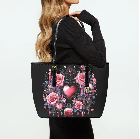 Custom Tote Hand Shoulder Bag 12 X 15 Gothic Black Pink Roses Skull Candle Heart Terrifictrend