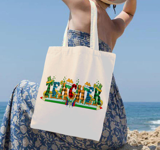 St. Patrick's Day Irish Teacher Plaid Fun  Print Shoulder Tote Bag 15" X 15" TerrificTrend