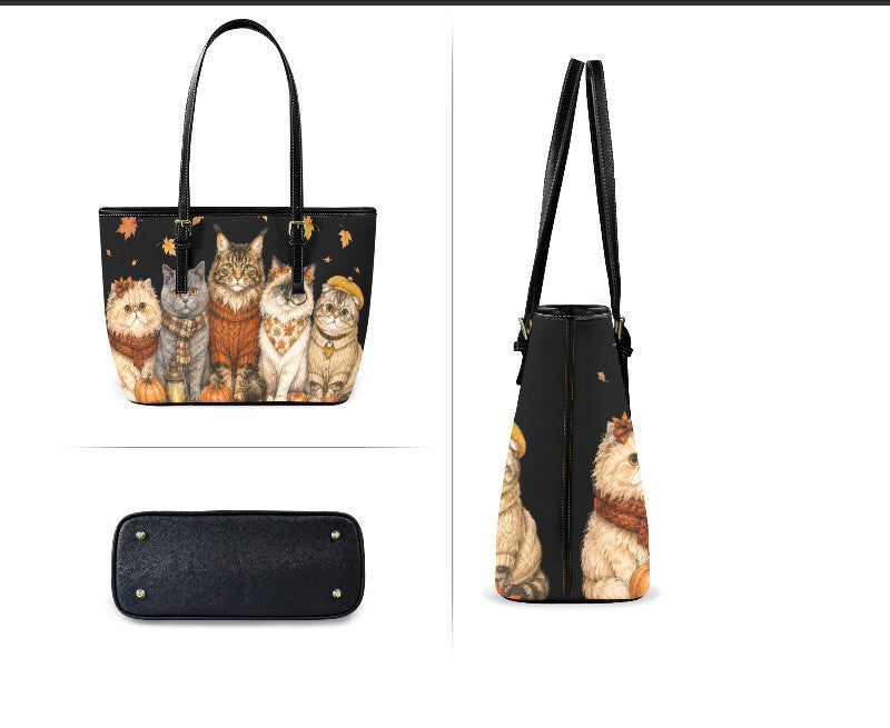 Custom Tote Hand Shoulder Bag 12 X 15 Fall Halloween Cats in Sweaters Scarves Terrifictrend