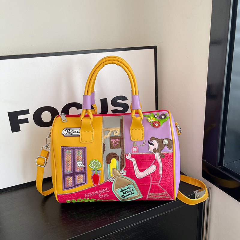 High-capacity Premium Boston Bag With Embroidered Patchwork Design Cj