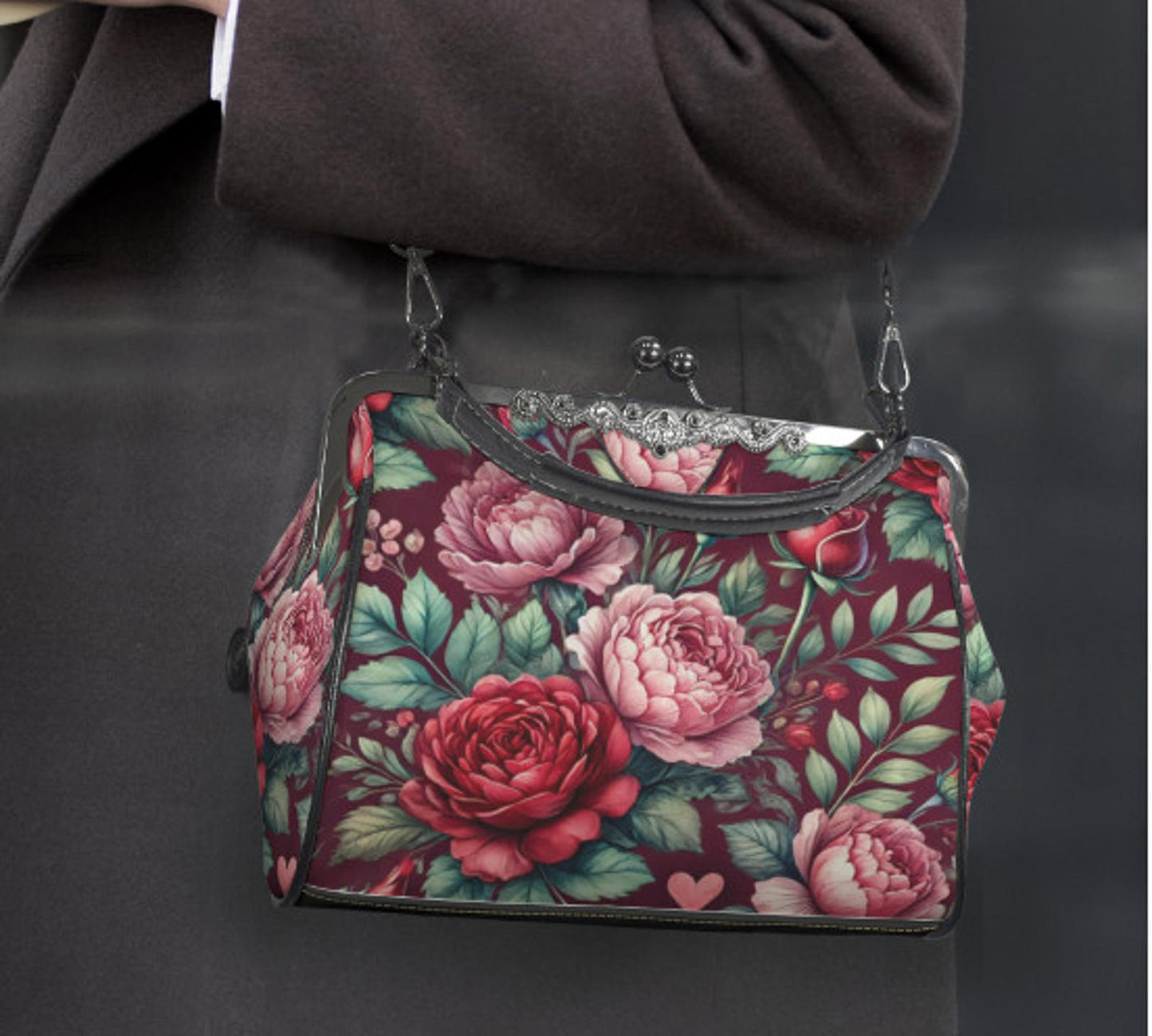 Victorian Valentine Red Pink Flowers Heart Shoulder Cross Body Hand Bag Satchel Kisslock