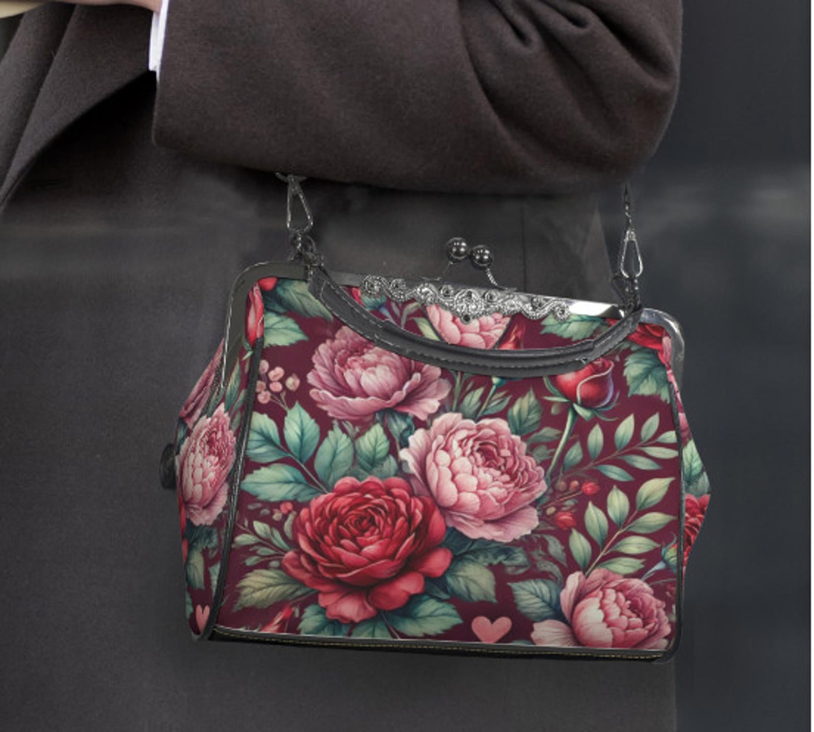 Victorian Valentine Red Pink Flowers Heart Shoulder Cross Body Hand Bag Satchel Kisslock