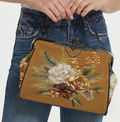 Winter Brown Gold Holiday Flowers Shoulder Cross Body Bag Satchel Christmas Gift Kisslock