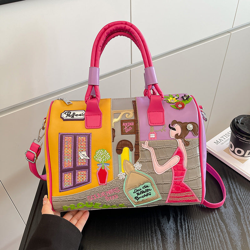 High-capacity Premium Boston Bag With Embroidered Patchwork Design Cj