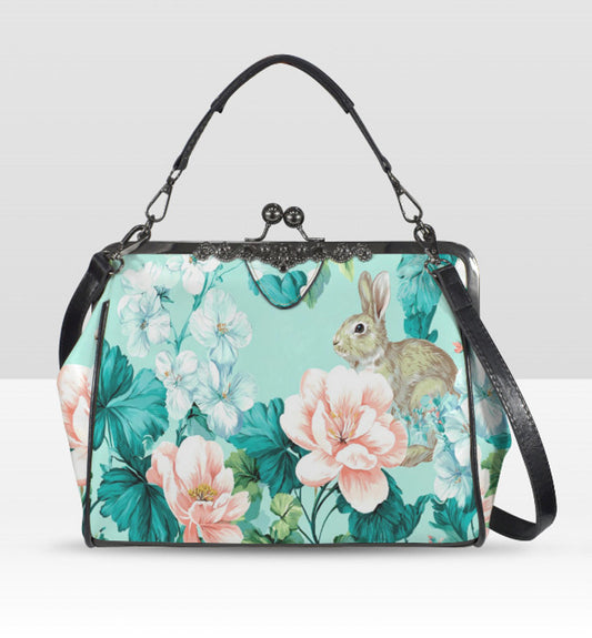 Spring Bunny Rabbit  Garden Flowers Shoulder Cross Body Bag Satchel Mother's Day Kisslock