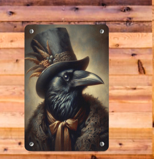 Gothic Victorian  Anthropomorphism Raven Crow  Bird Metal Sign  Wall Decor Sign Handcrafted