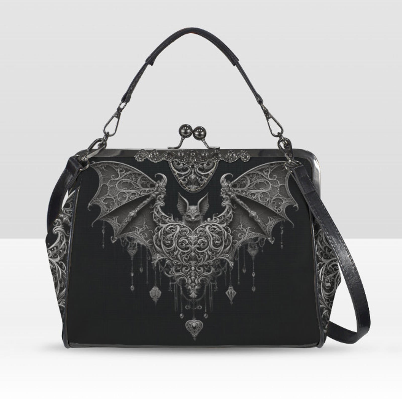 Dark Victorian Gothic Bat w/ Heart and Charms Shoulder Cross Body Bag Satchel Kisslock