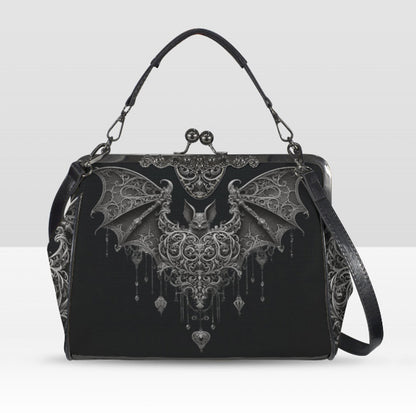 Dark Victorian Gothic Bat w/ Heart and Charms Shoulder Cross Body Bag Satchel Kisslock
