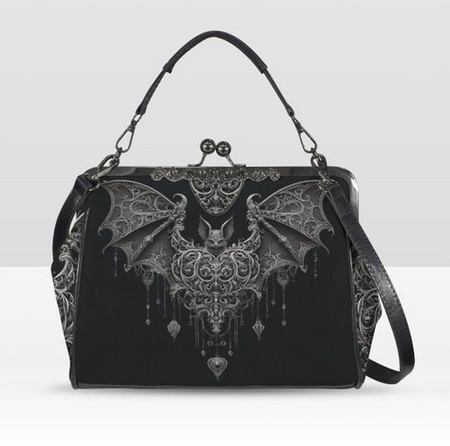 Dark Victorian Gothic Bat w/ Heart and Charms Shoulder Cross Body Bag Satchel Kisslock